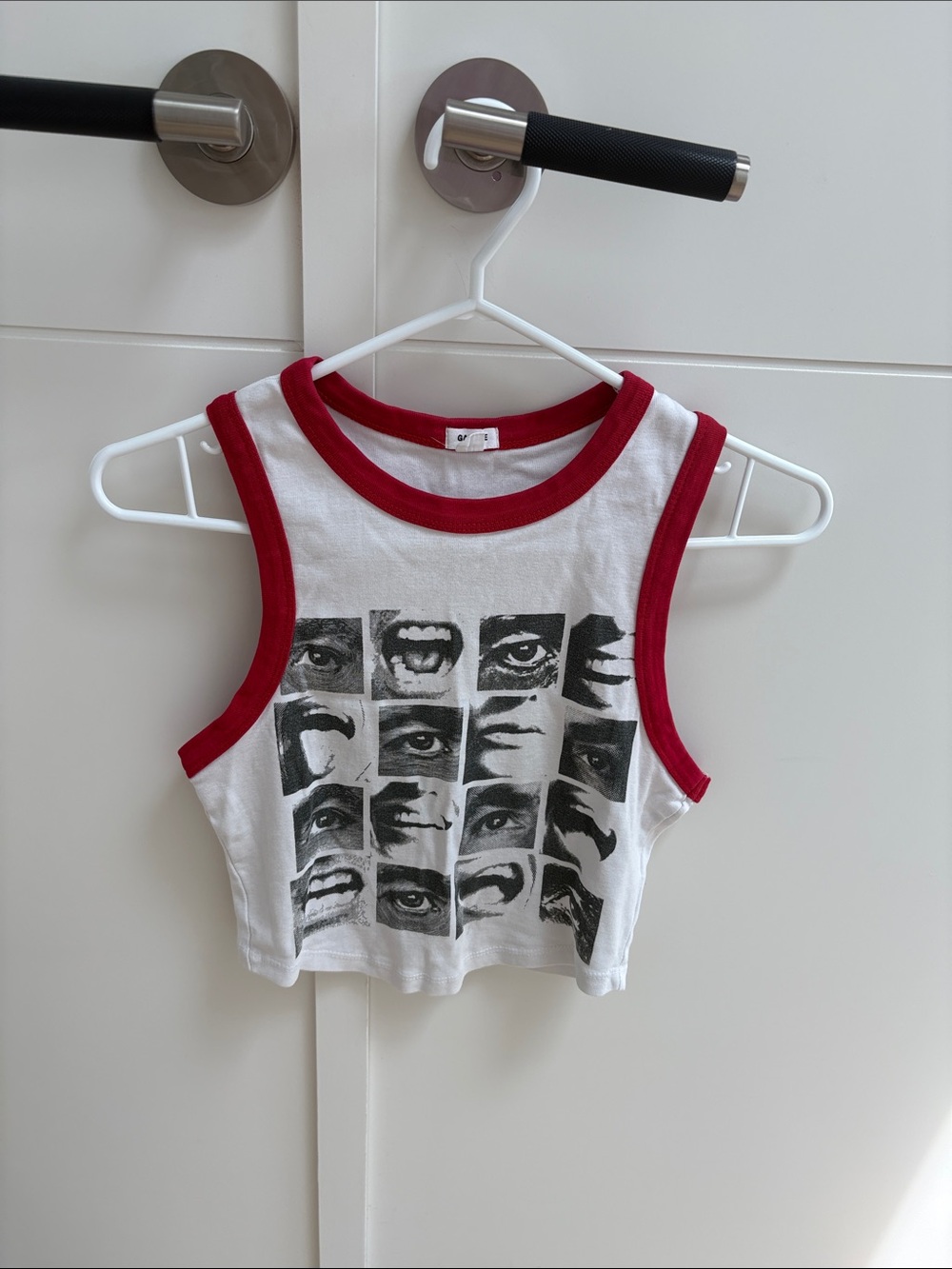 Garage White Tank Top with Red Trim and Black Graphic Eyes Print